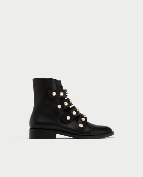 Leather Ankle Boots With Faux Pearls