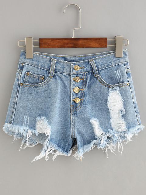 Button Fly Distressed Denim Shorts