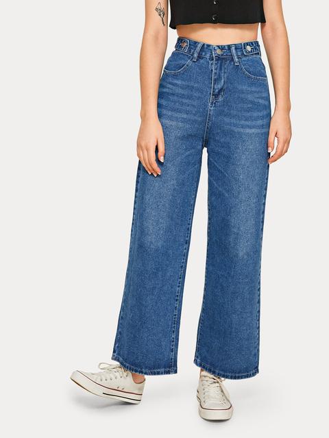 Jeans Mom Monocolori Con Gamba Ampia E Vita Alta