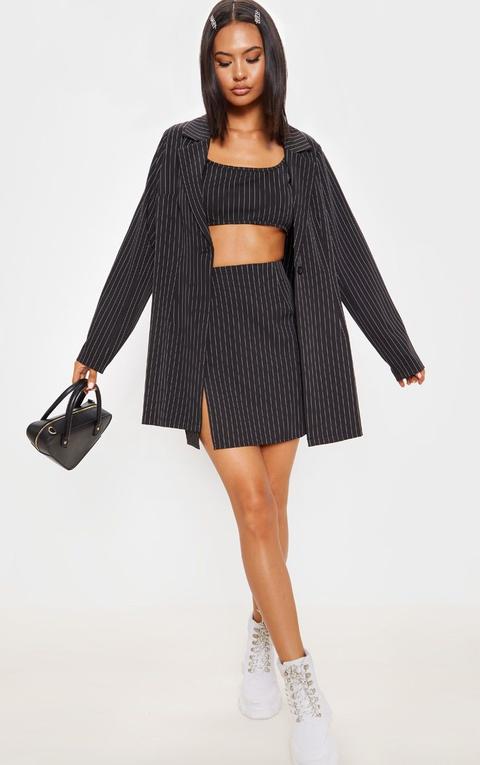 Black Pinstripe Oversized Woven Blazer