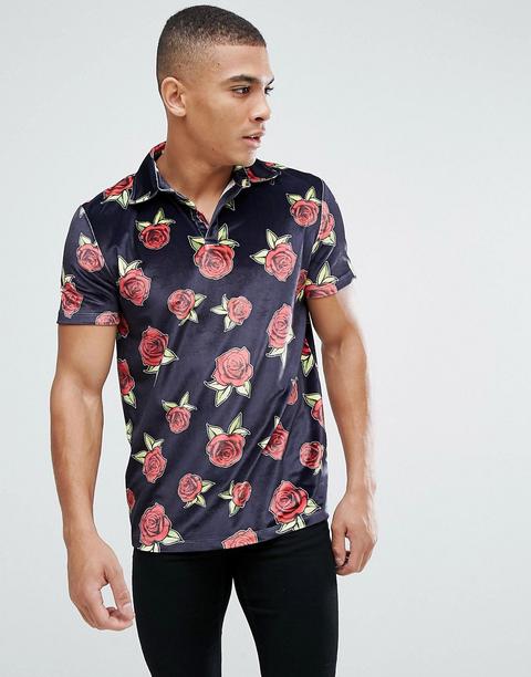 Asos - Polo In Velour A Fiori Con Collo A Rever - Nero