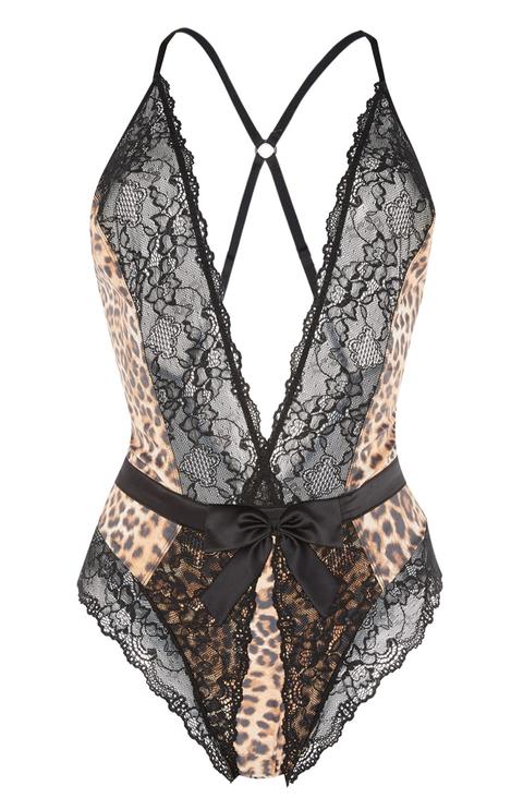 Black Lace Leopard Print Bodysuit