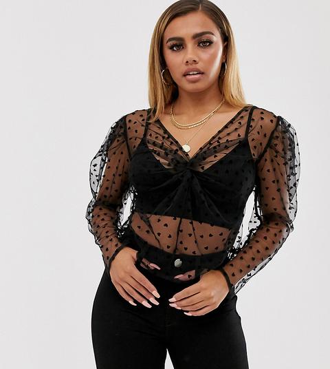 Top De Malla De Plumeti Con Mangas Abullonadas En Negro De Prettylittlething Petite