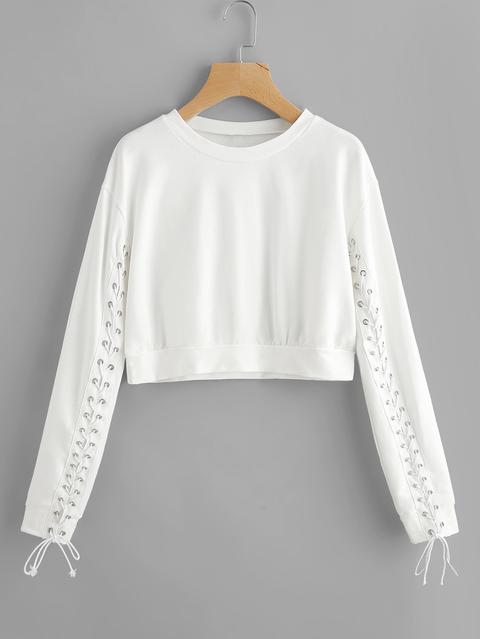 Grommet Lace Up Sleeve Crop Sweatshirt