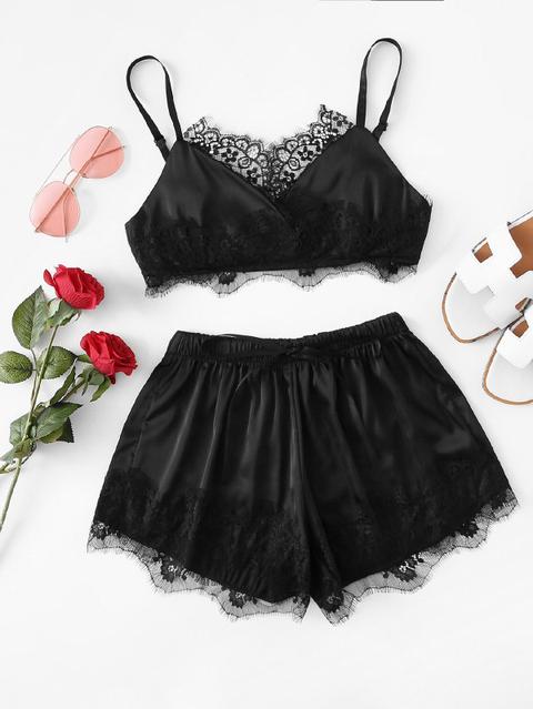 Look Sexy Colore Unico Pizzo A Contrasto Nero Abito Di Due Pezzi