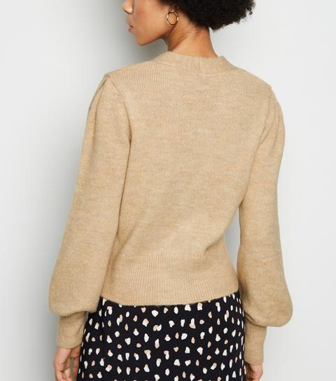 Camel Puff Sleeve Cardigan New Look