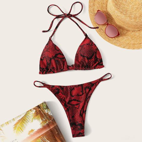 Set De Bikini Top Halter Con Estampado De Serpiente Con Tanga