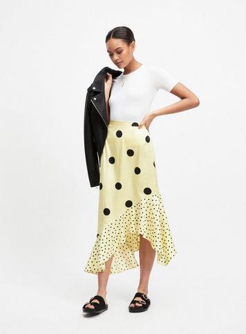 Womens Yellow Jacquard Polka Dot Midi Skirt, Yellow