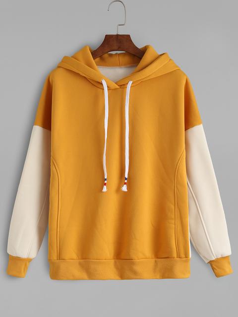 Sudadera Manga En Contraste Con Capucha - Mostaza