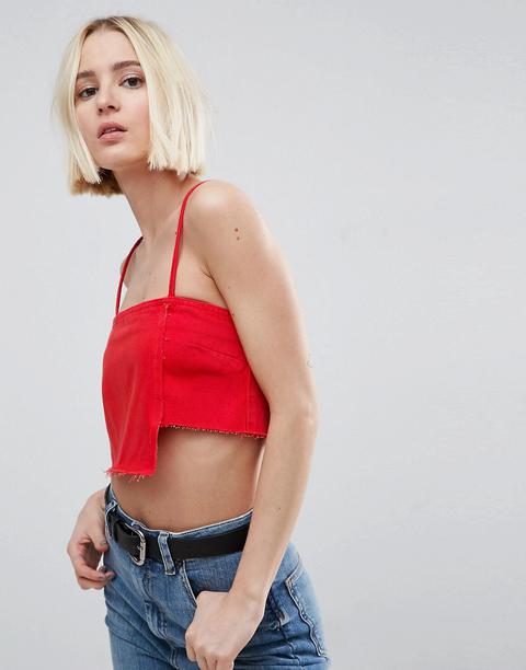 Asos - Top Corto Di Jeans Rosso Con Fondo Grezzo - Rosso