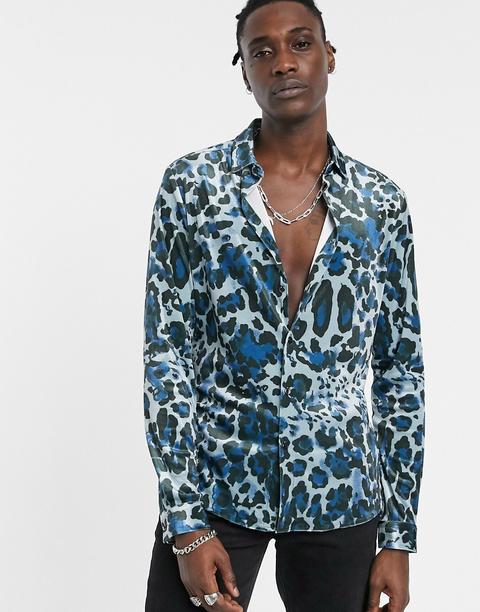Asos Design Skinny Fit Stretch Velvet Shirt In Animal Leopard Print-blue