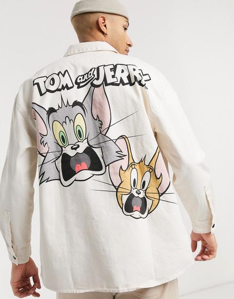 Bershka Jacket With Tom & Jerry Back Print-cream