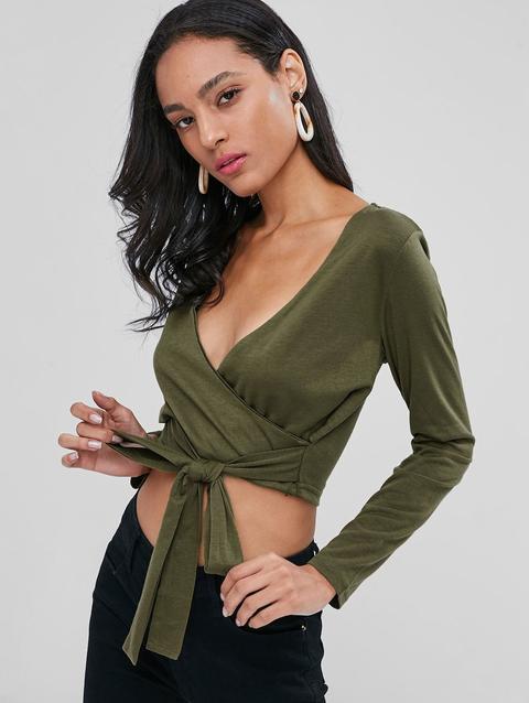 Top Corto Con Maniche Lunghe Army Green Red Wine