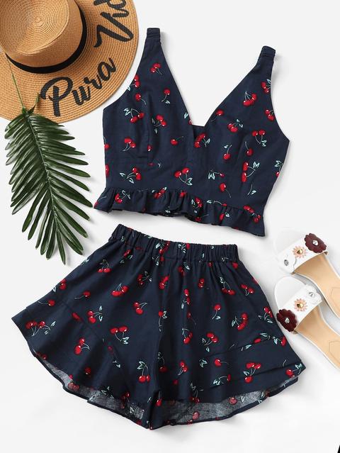 Cherry Print Frill Hen Top With Shorts