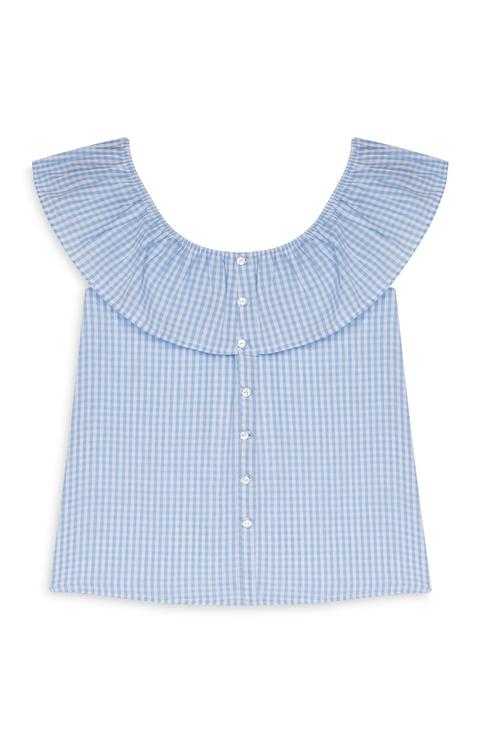 Blusa De Tela Vichy Azul Con Volante