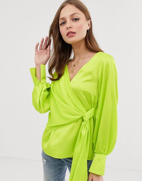 Asos Design - Top Fluo Drappeggiato Con Maniche Lunghe Con Polsini E Scollo A V - Bianco