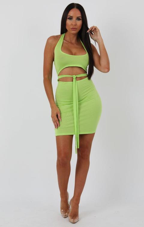 Lime Halterneck Cut Out Tie Detail Bodycon Dress - Louisa