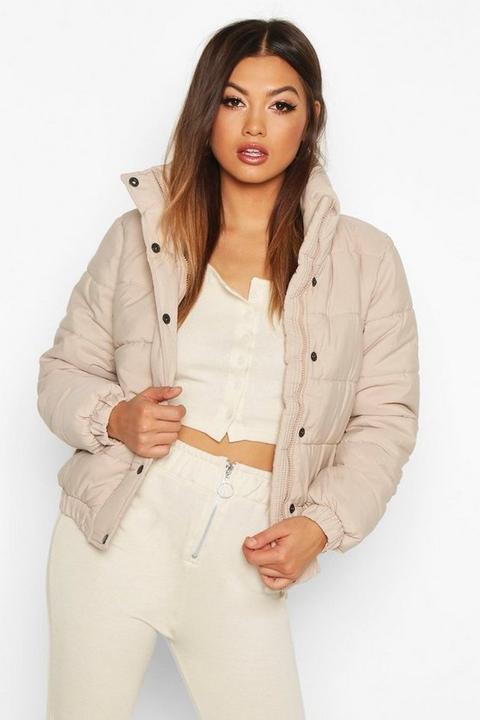 Womens Funnel Neck Puffer Jacket - Beige - 12, Beige