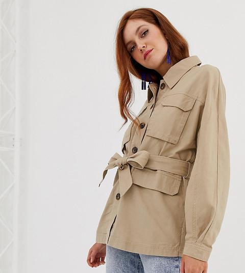 Stradivarius Safari Button Front Jacket With Tie Waist In Beige