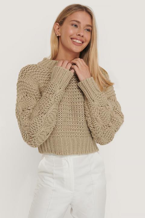 Misslisibell X Na-kd Bubble Sleeve Knitted Sweater - Beige