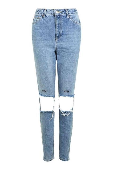 Moto Slogan Ripped Mom Jeans - Jeans - Clothing