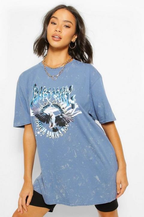 Womens Acid Wash Eagle Oversized T-shirt - Blue - L, Blue