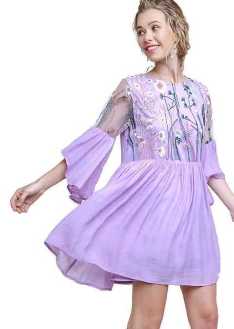 Floral Embroidered Lace Angel Sleeve Dress, Lavender