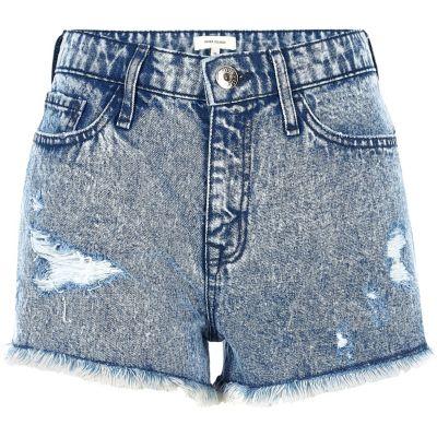 Blue Acid Wash Ripped Denim Shorts