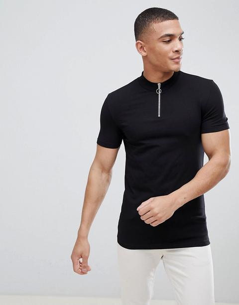 Asos Design Muscle Fit Zip Neck Turtle Neck T-shirt In Black - Black