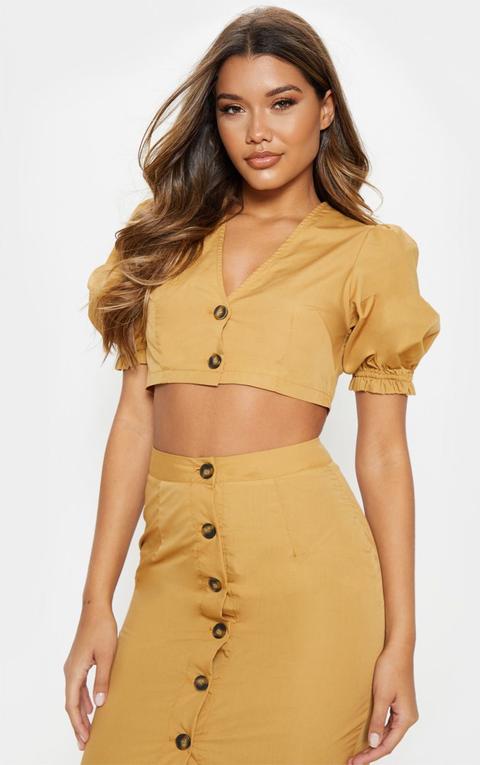 Camel V Neck Tortoise Shell Puff Sleeve Crop Top