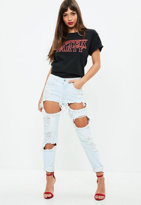 Light Blue Bleached Washed Mom Jeans, Blue