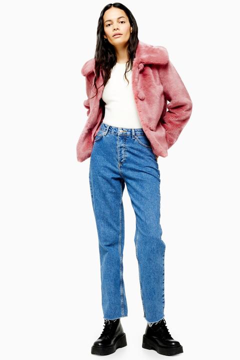 Womens Rose Pink Faux Fur Button Coat - Rose, Rose