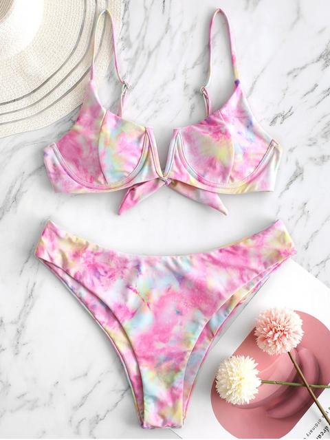 Zaful Bikini De Corte Alto Con V De Tie-dye Pink