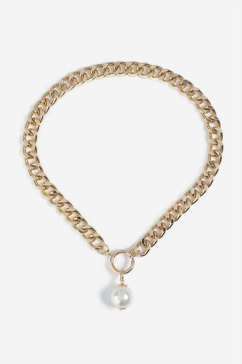 Womens **chunky Chain Pearl Drop Necklace - Gold, Gold
