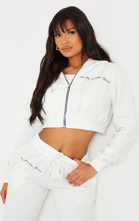 Prettylittlething Cream Cropped Embroidered Zip Hoodie