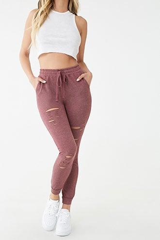 Forever 21 Distressed Drawstring Joggers , Burgundy