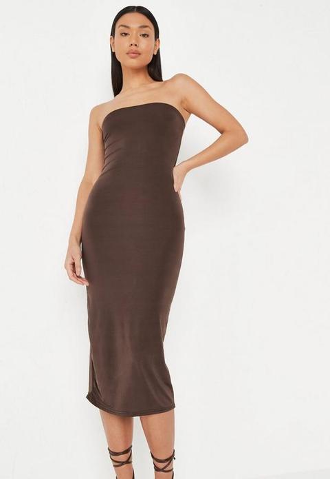 Chocolate Basic Bandeau Slinky Midaxi Dress, Brown