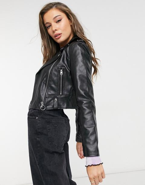 Bershka Faux Leather Biker Jacket In Black