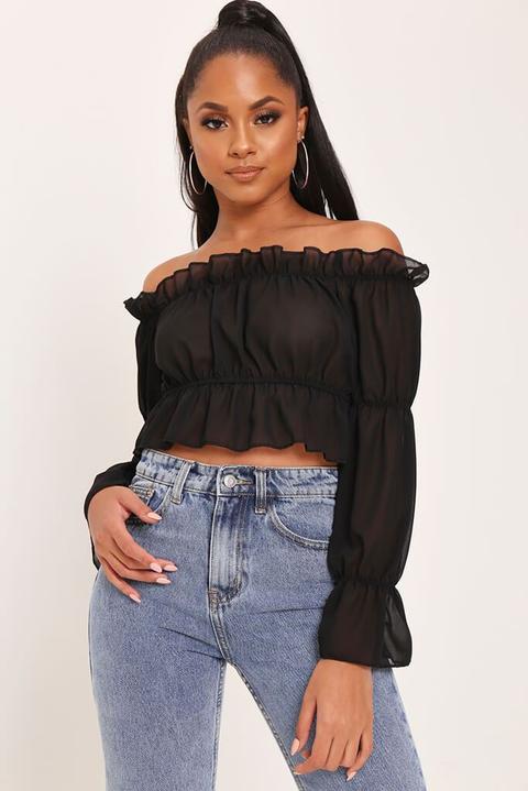 Sheer Ruffle Bardot Crop Top