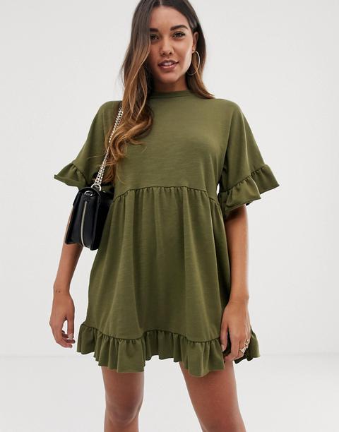 Asos Design Mini Frill Sleeve Smock Dress In Sweat