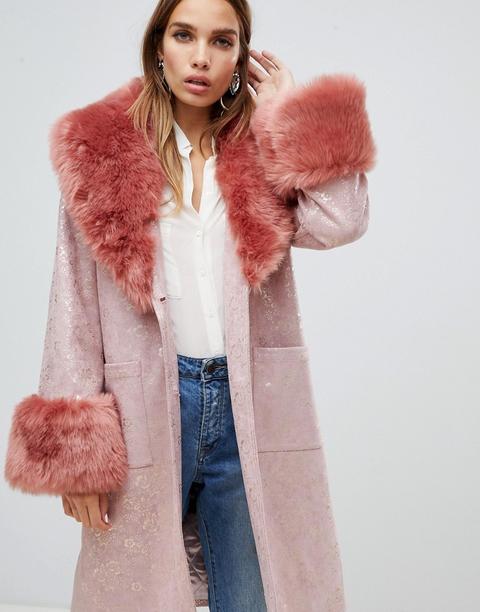 Dolly & Delicious - Manteau Oversize Métallisé À Fleurs Et Bordures En Fausse Fourrure - Rose - Rose