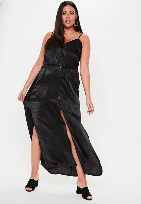 Plus Size Black Button Down Satin Maxi Dress, Black