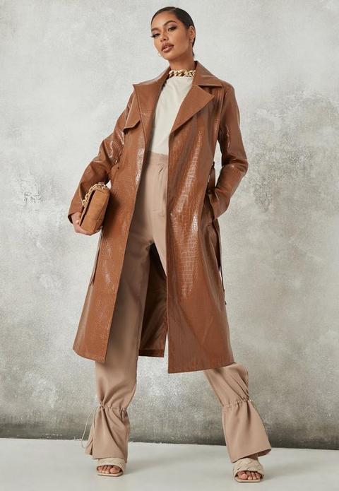 Tan Mock Croc Faux Leather Belted Trench Coat, Tan