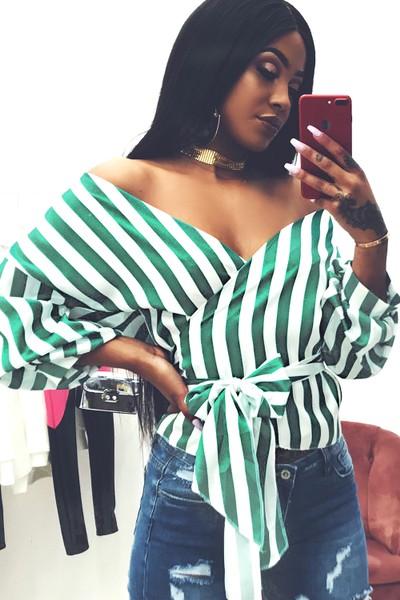 Piper Green & White Striped Side Tie Top