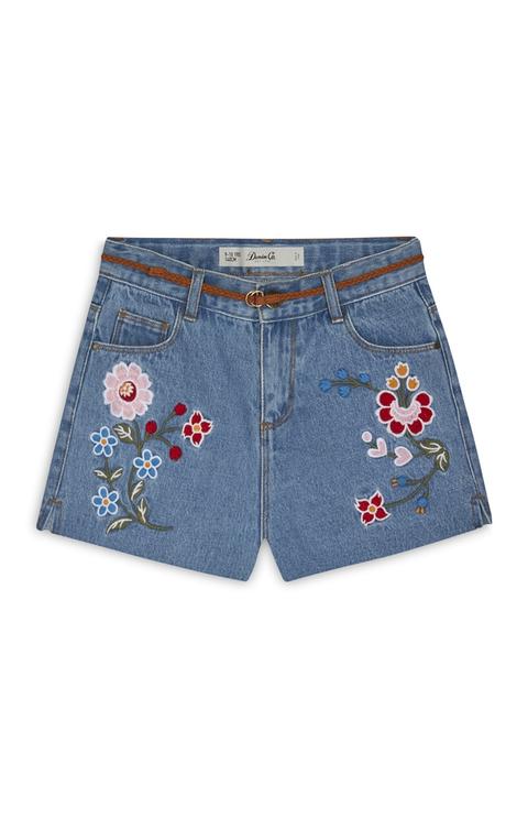 Shorts Blu In Denim Con Fiori Da Ragazza