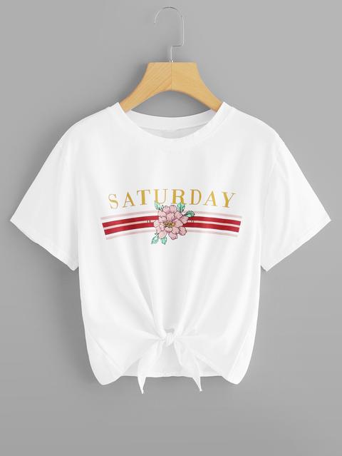 Camiseta Bajo Con Nudo Con Estampado De Flores Y Letras