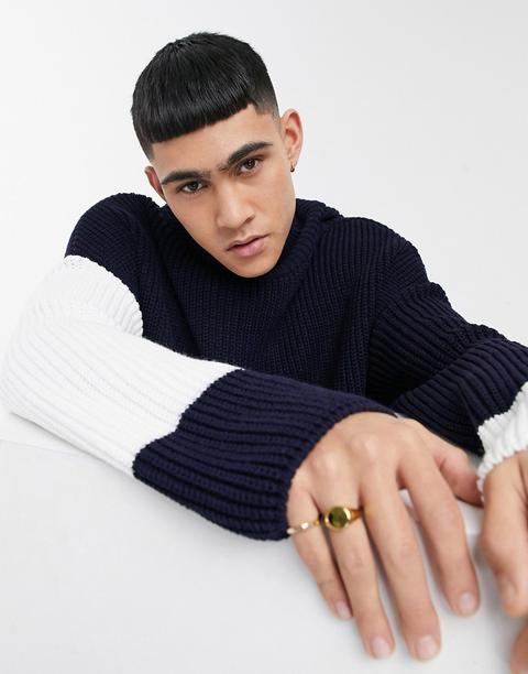 Asos Design - Pull Oversize À Col Cheminée Avec Manches Contrastantes - Bleu Marine