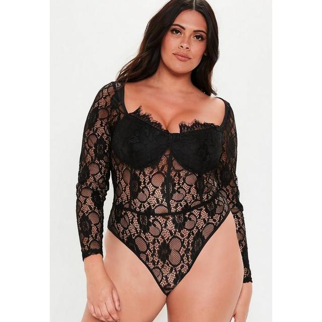 Plus Size Black Long Sleeve Lace Bodysuit, Black from Missguided