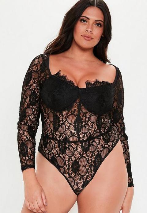 Plus Size Black Long Sleeve Lace Bodysuit, Black from Missguided on 21  Buttons
