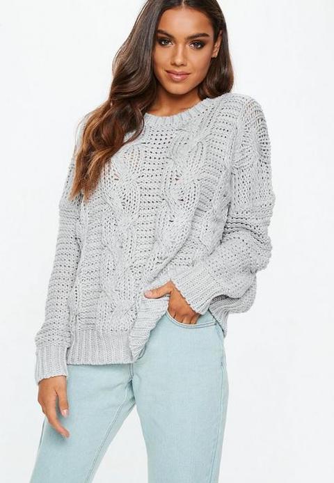 Grey Cable Knitted Boyfriend Jumper, Grey